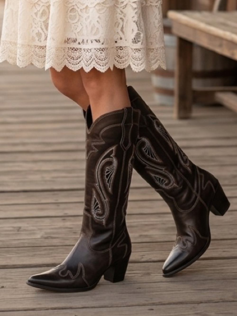 Experlatto Tall High Heeled Genuine Leather Western Cowboy Boots Pointed Toe 36